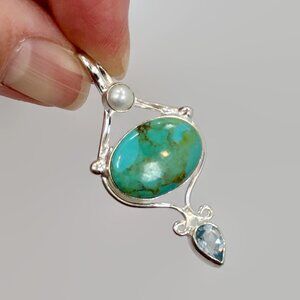 Turquoise Pendant, Sterling Silver, Blue Topaz, Pearl, Vintage, India